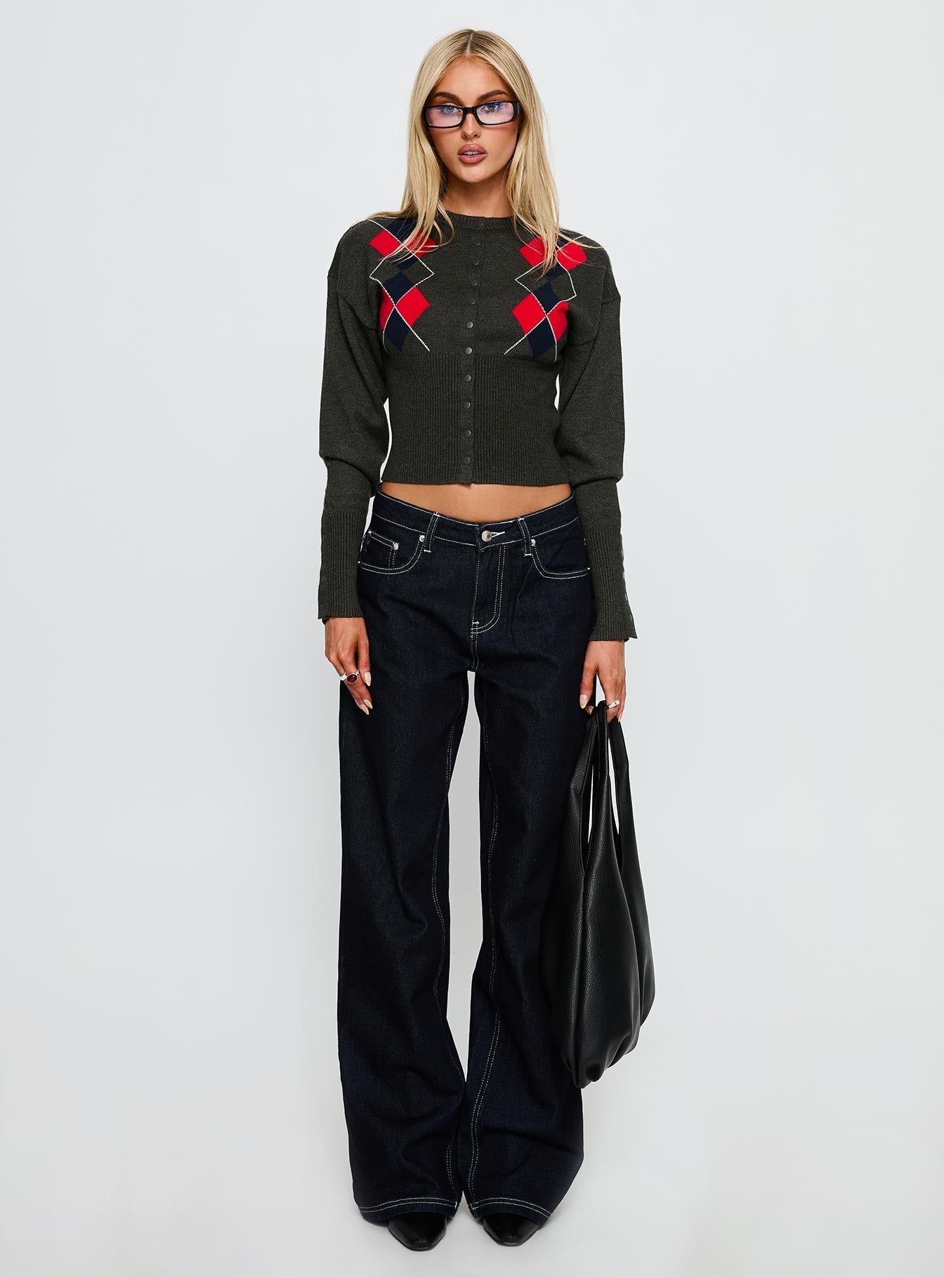 Head In The Clouds Knit Cardigan Grey Argyle