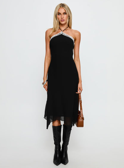 Naila Halter Lace Trim Midi Dress Black