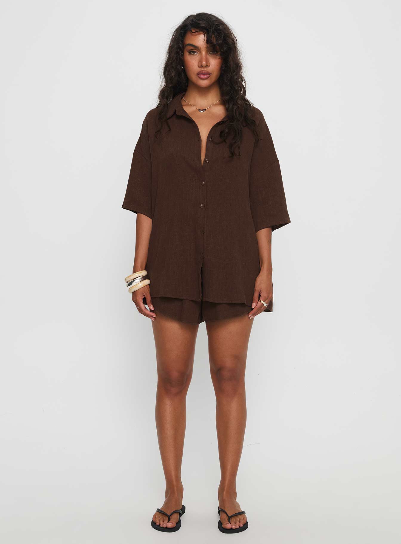 Peni Linen Button Down Top Chocolate