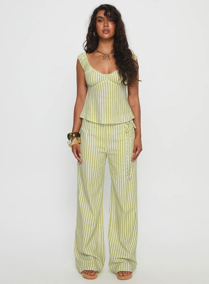 With Pleasure Tie Side Pant Green / Blue Stripe