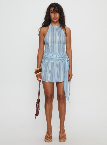 Irabella Halter Tie Side Mini Dress Blue Multi