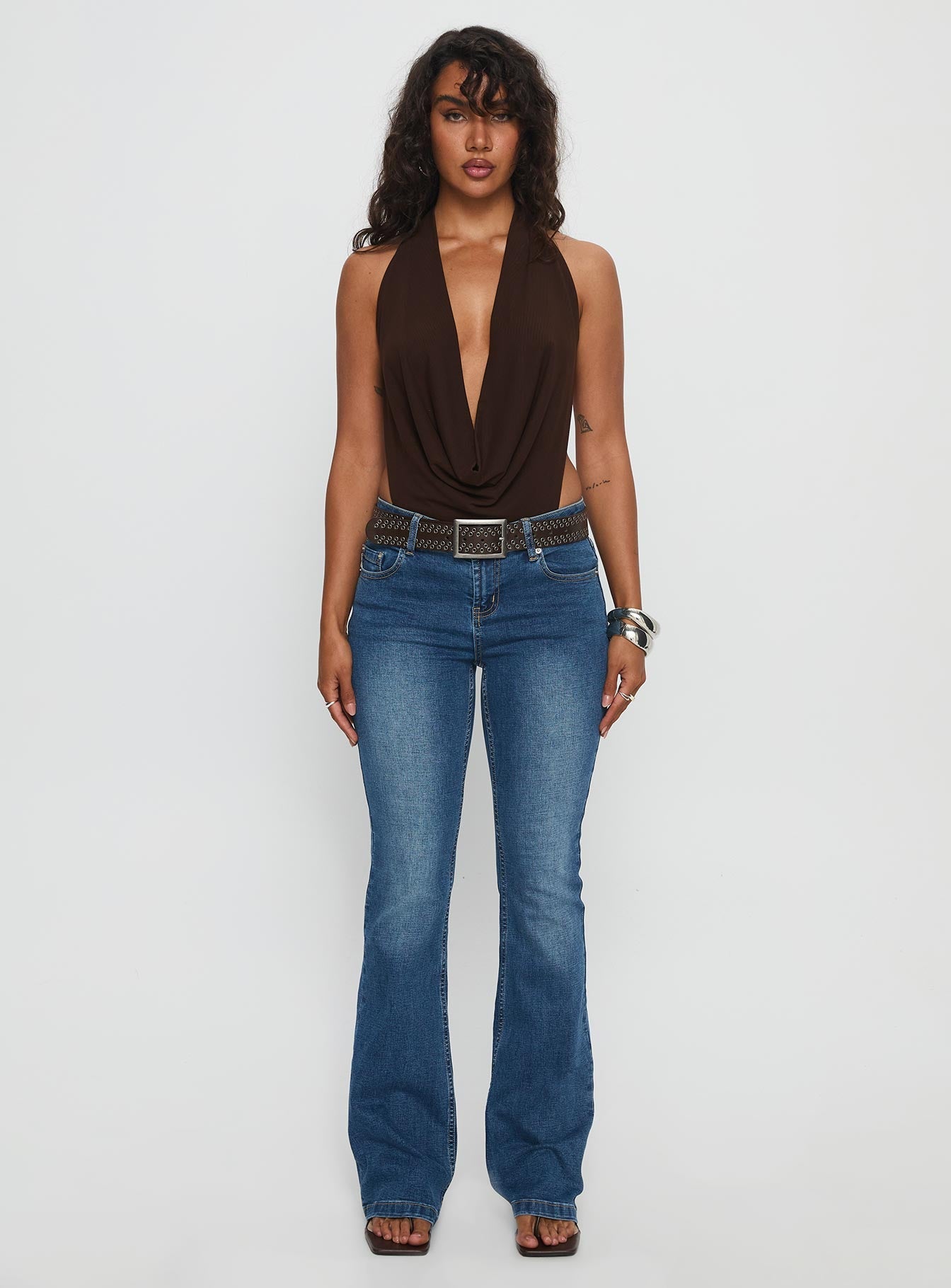 Quinna Plunge Neck Backless Bodysuit Chocolate