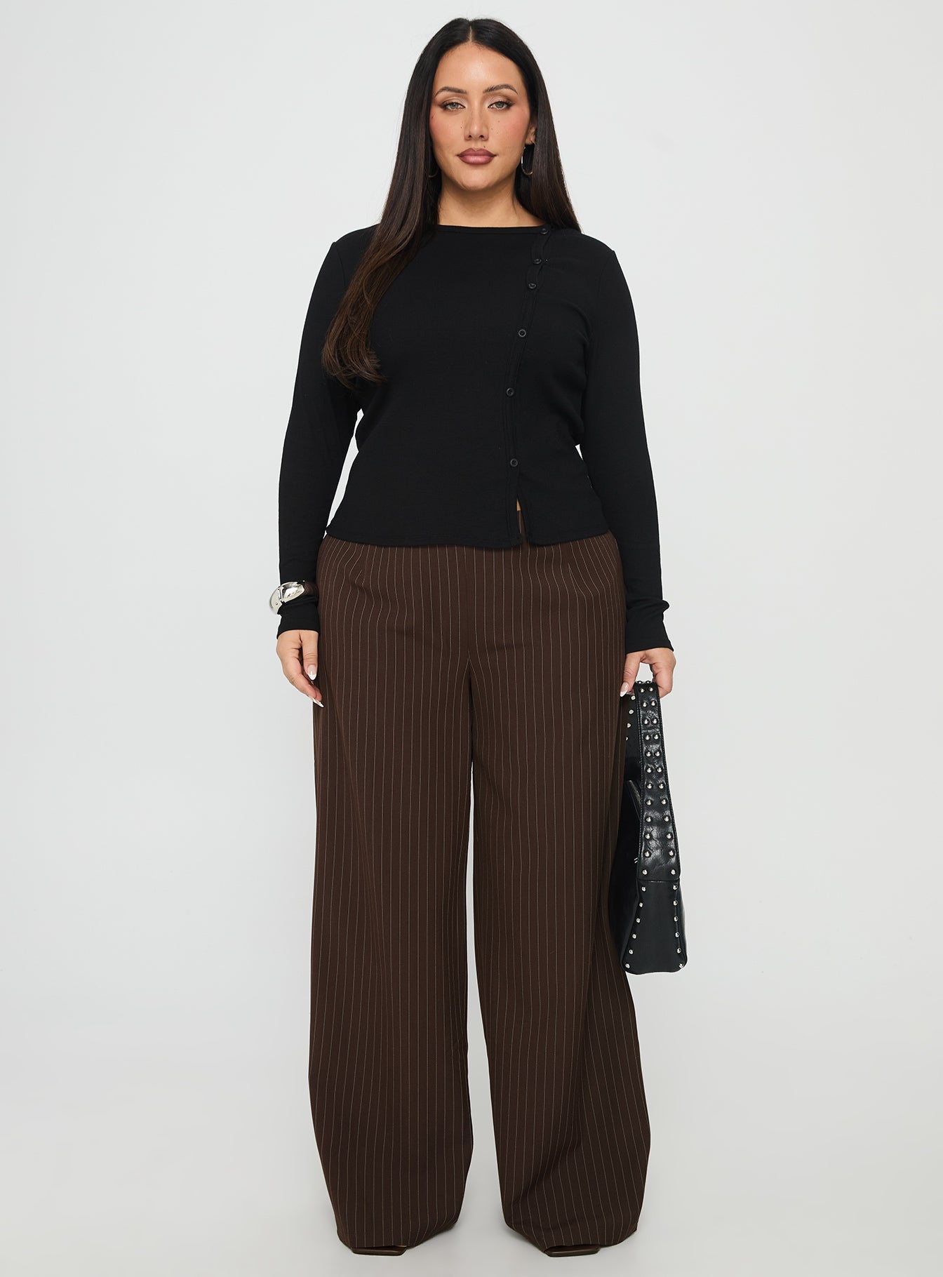 Khane Low Rise Wide Leg Pant Brown Pinstripe Curve