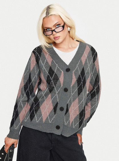 Zeeva Button Through Knit Cardigan Grey Argyle
