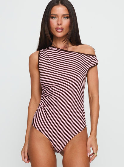 Ayviana One Shoulder Bodysuit Pink / Brown Stripe