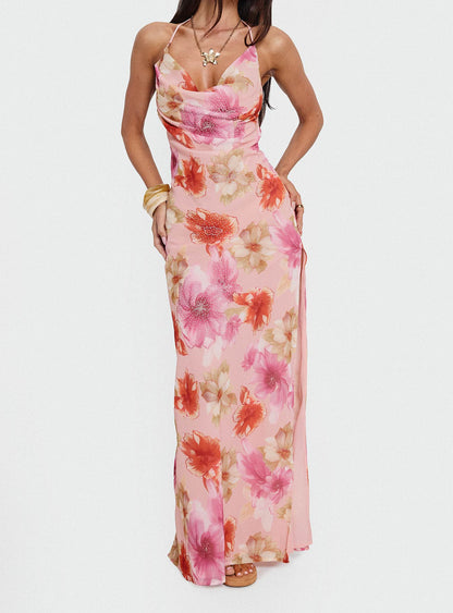 Sibellah Beaded Cowl Neck Maxi Dress Pink Multi