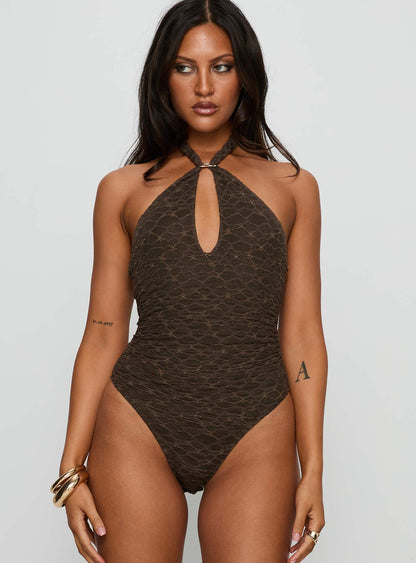 Libbey Hardware Detail Textured Bodysuit Brown