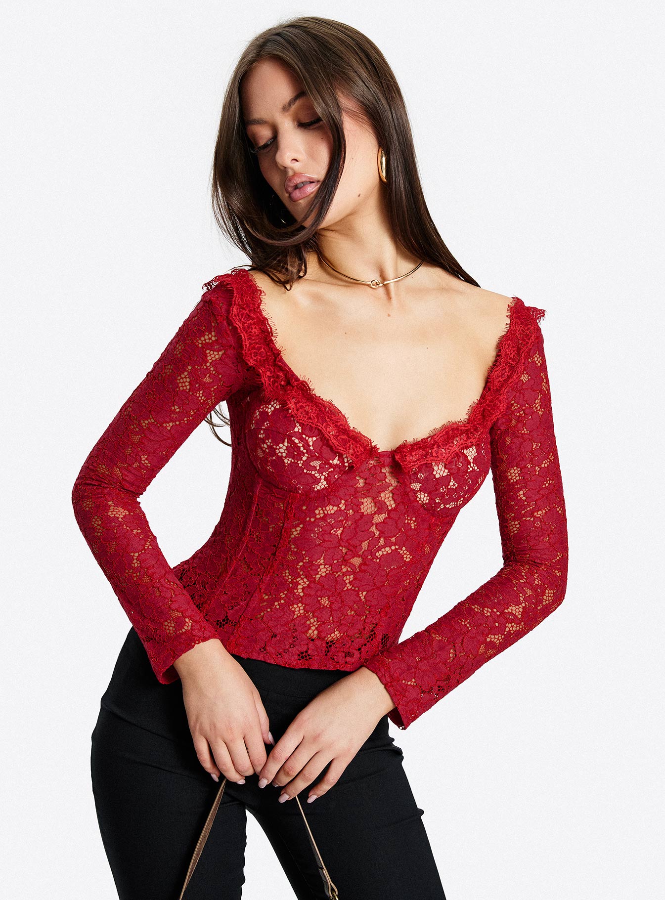 Miquela Long Sleeve Corset Lace Top Red