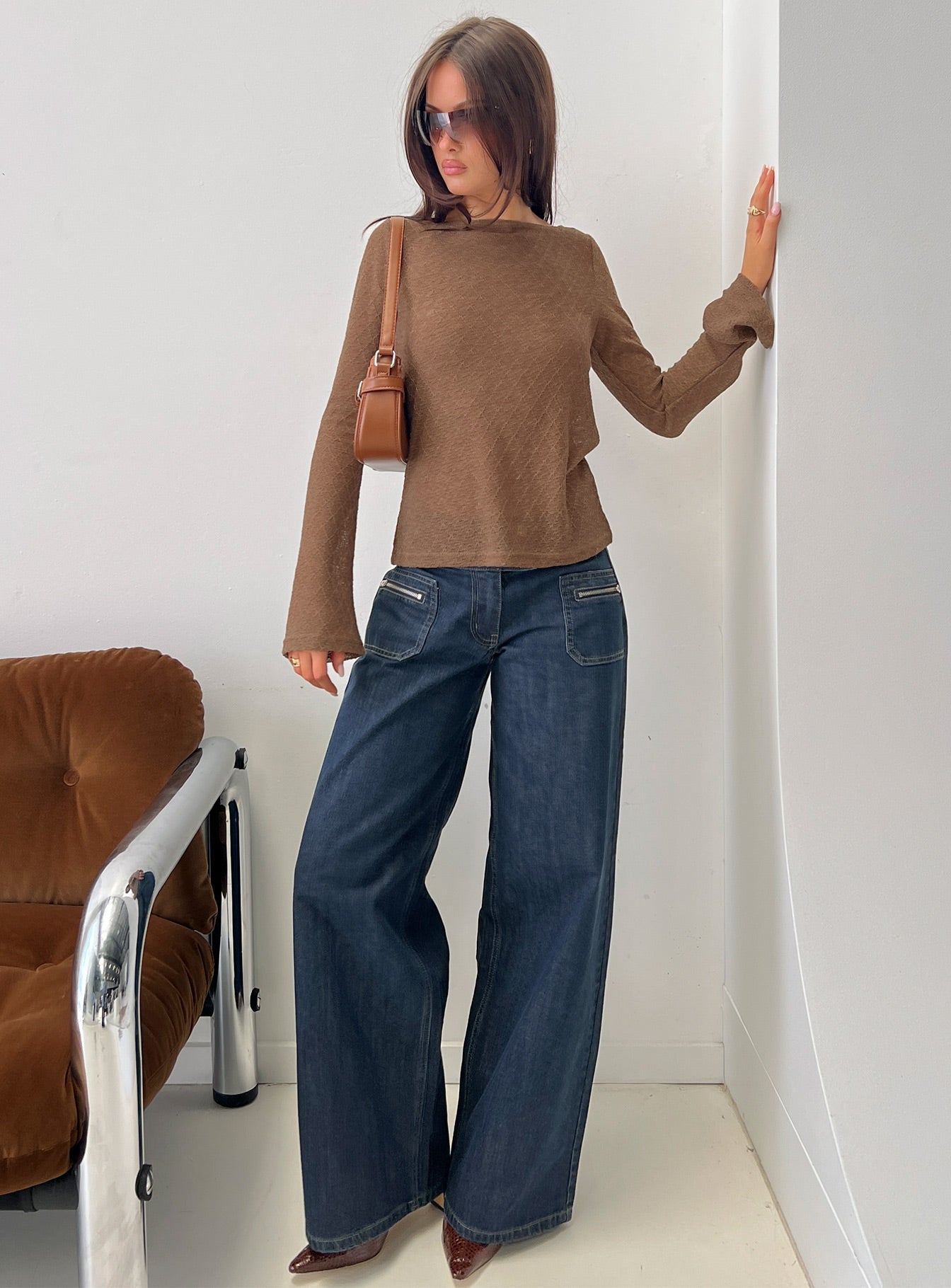 Tuppence Textured Long Sleeve Top Brown