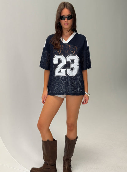 Lucky 23 Lace Jersey Graphic Top Navy