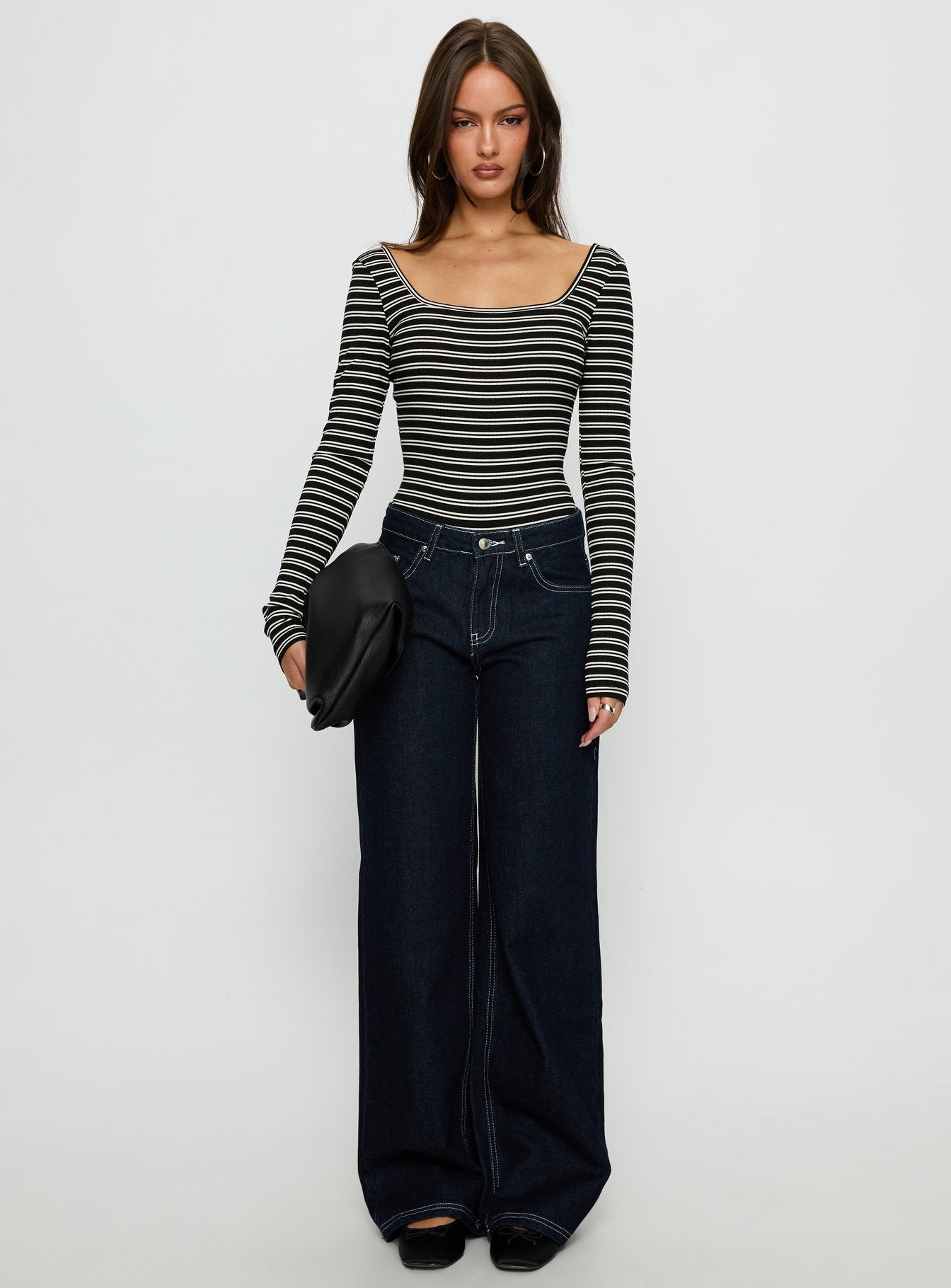 Donica Square Neck Long Sleeve Bodysuit Grey Stripe