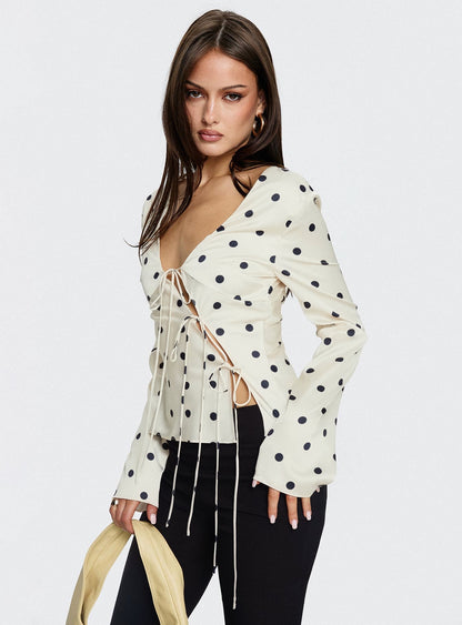 Mariah Long Sleeve Top Cream Polka