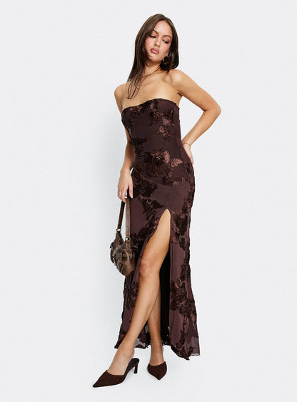 Maribeth Strapless Floral Maxi Dress Chocolate Brown