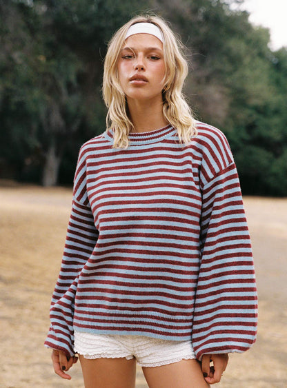 Winter Stroll Knit Sweater Blue Stripe
