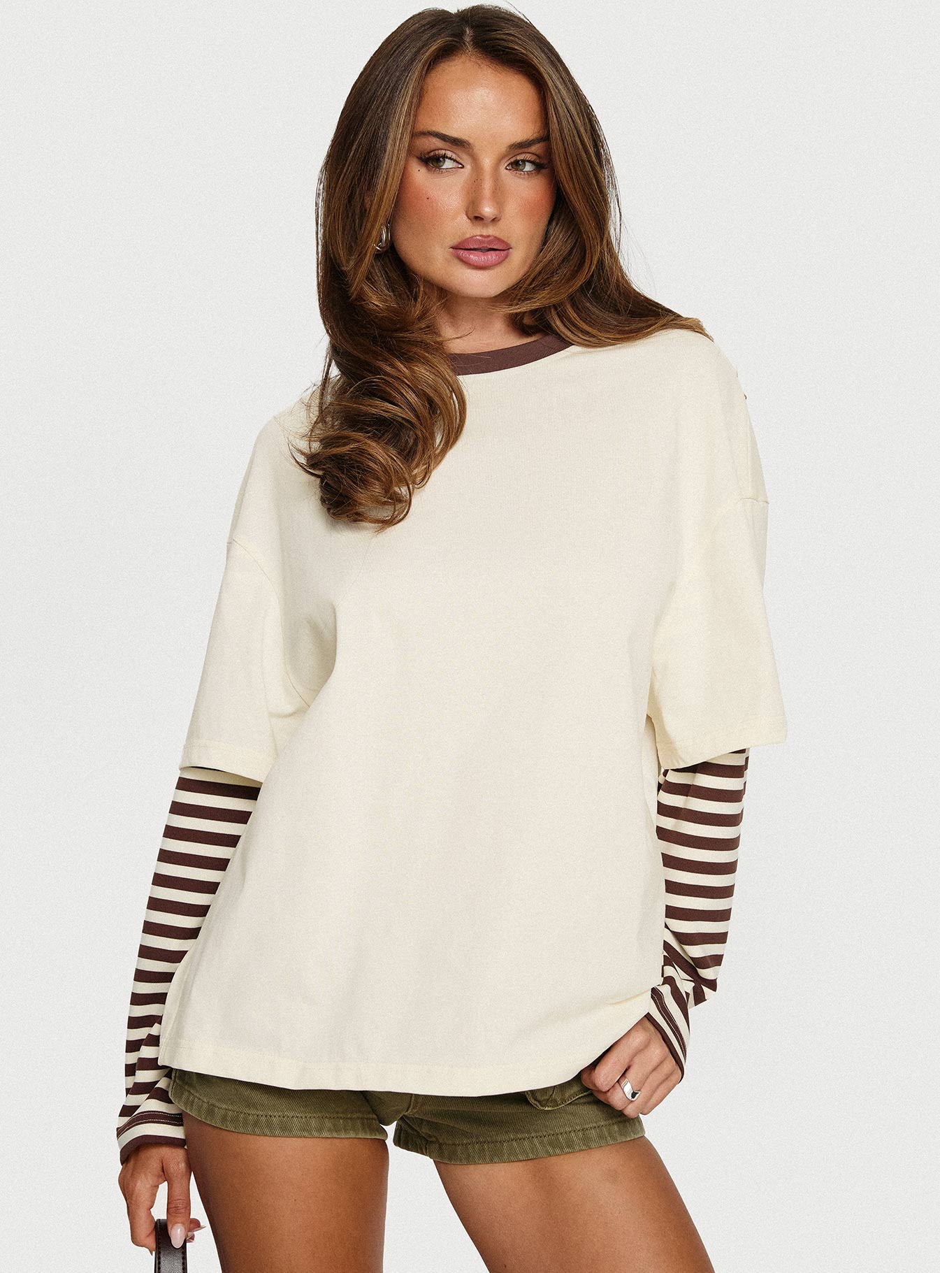 Ryann Long Sleeve Layered Top Cream / Brown Stripe