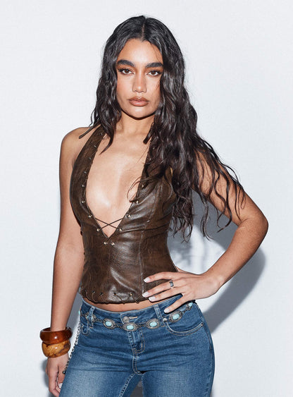 Captivated Faux Leather Halter Top Chocolate