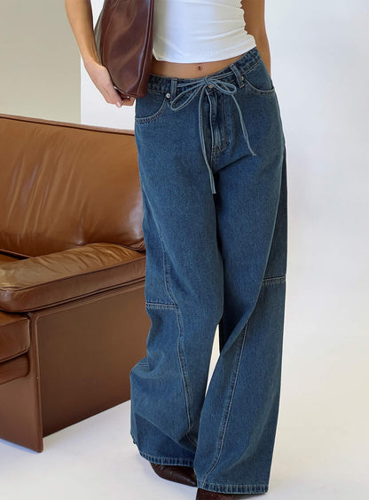 Bruiser Tie Waist Mid Rise Wide Leg Jeans Mid Blue Wash