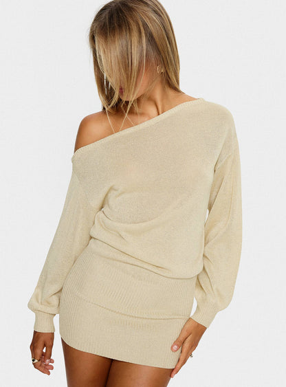 Johannah Off Shoulder Long Sleeve Knit Mini Dress Gold