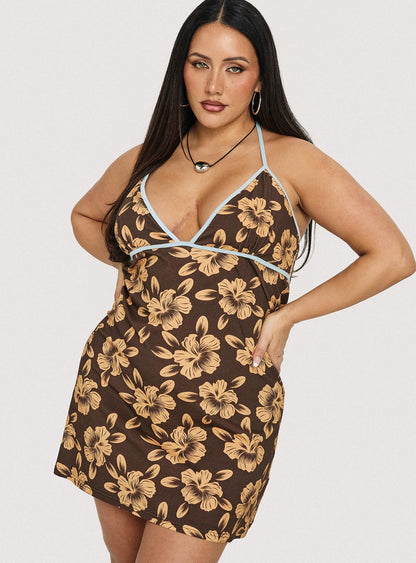 Mishie Halter Mini Dress Brown / Blue Floral Curve