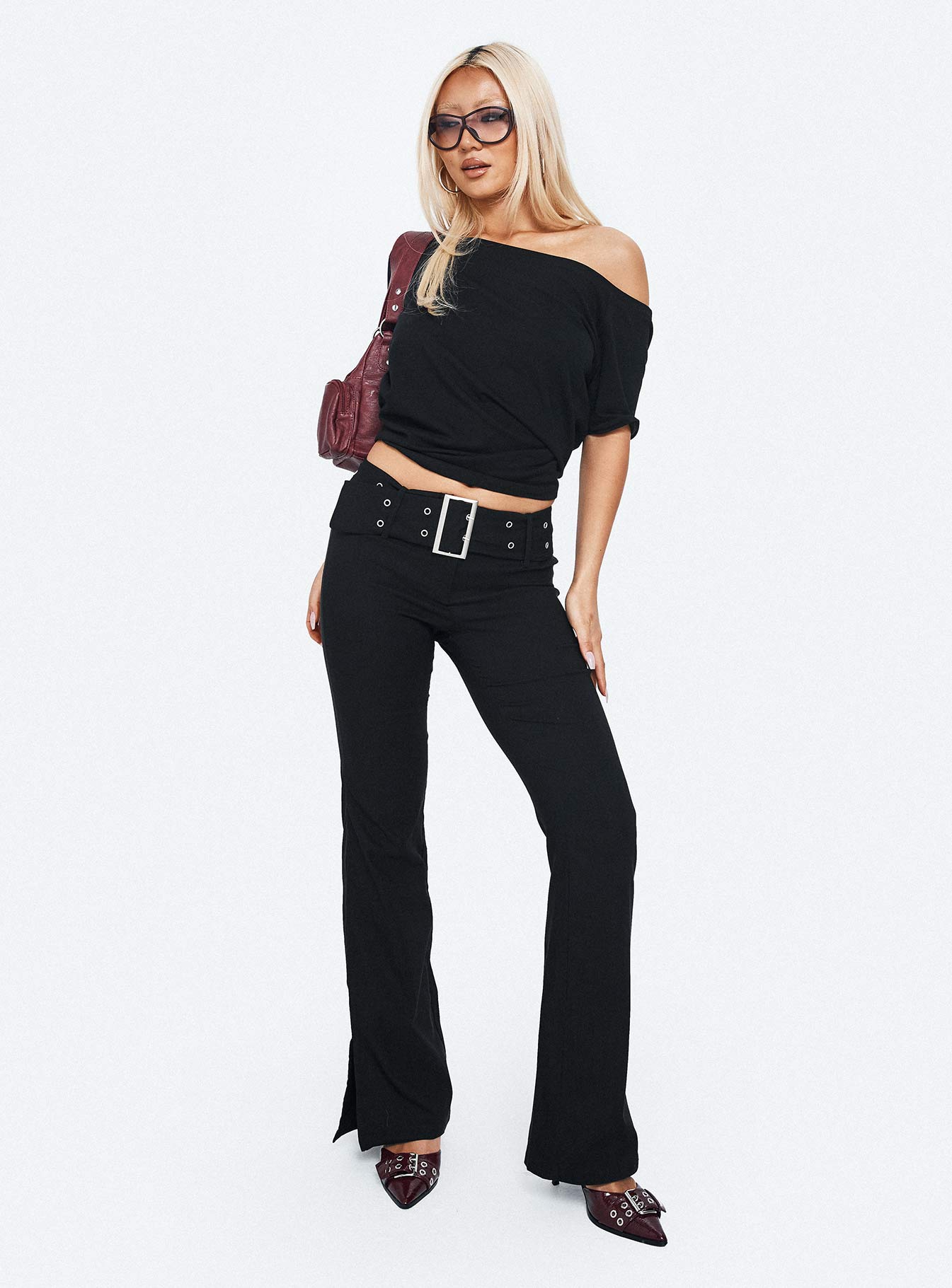 Kortnee Eyelet Detail Flare Leg Pants Black